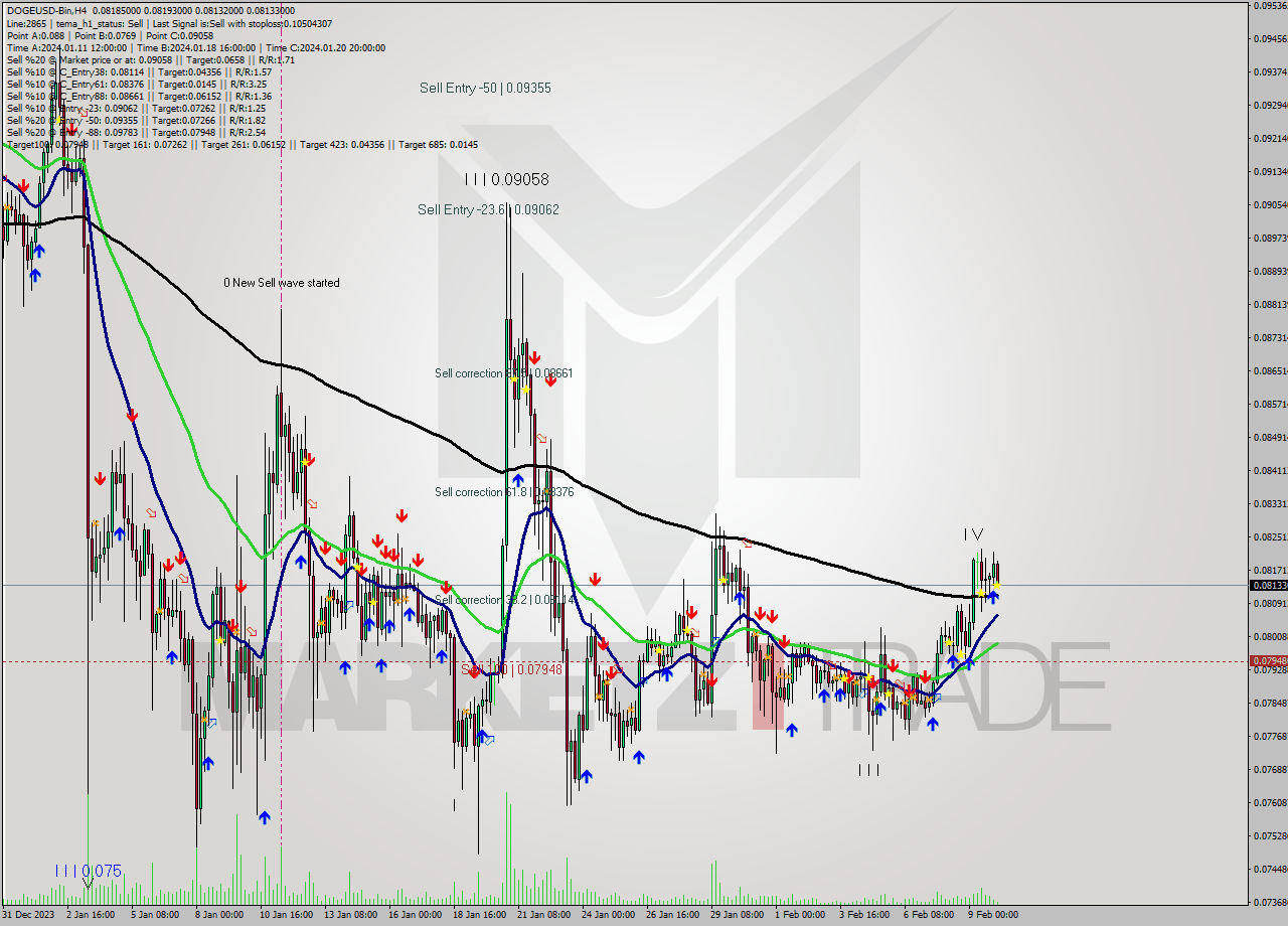 DOGEUSD-Bin MultiTimeframe analysis at date 2024.02.10 09:13