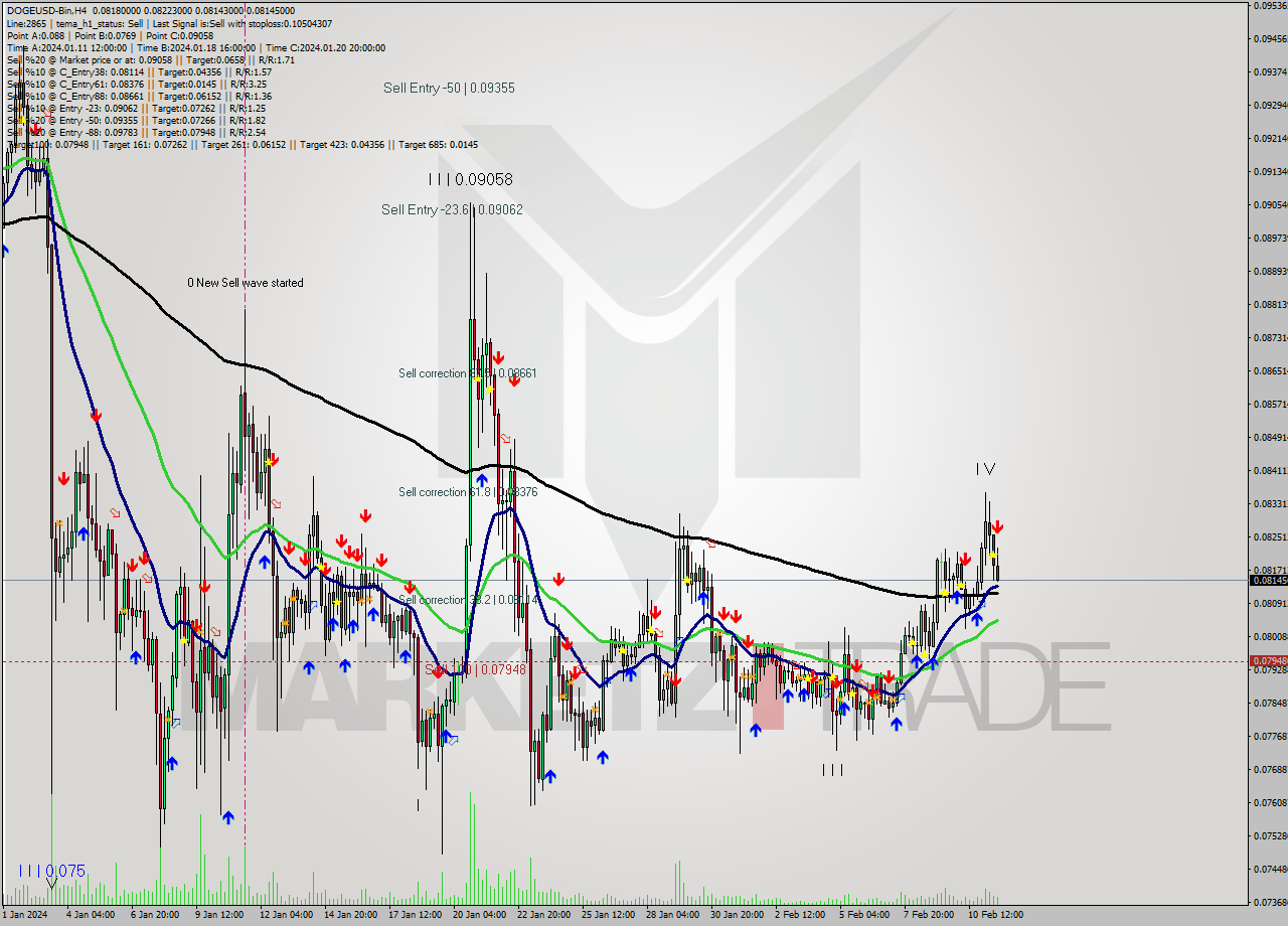 DOGEUSD-Bin MultiTimeframe analysis at date 2024.02.11 20:33