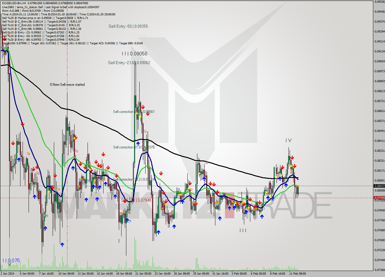 DOGEUSD-Bin MultiTimeframe analysis at date 2024.02.12 16:46