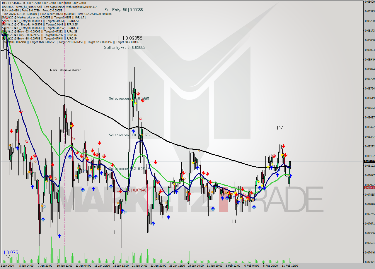 DOGEUSD-Bin MultiTimeframe analysis at date 2024.02.12 18:39