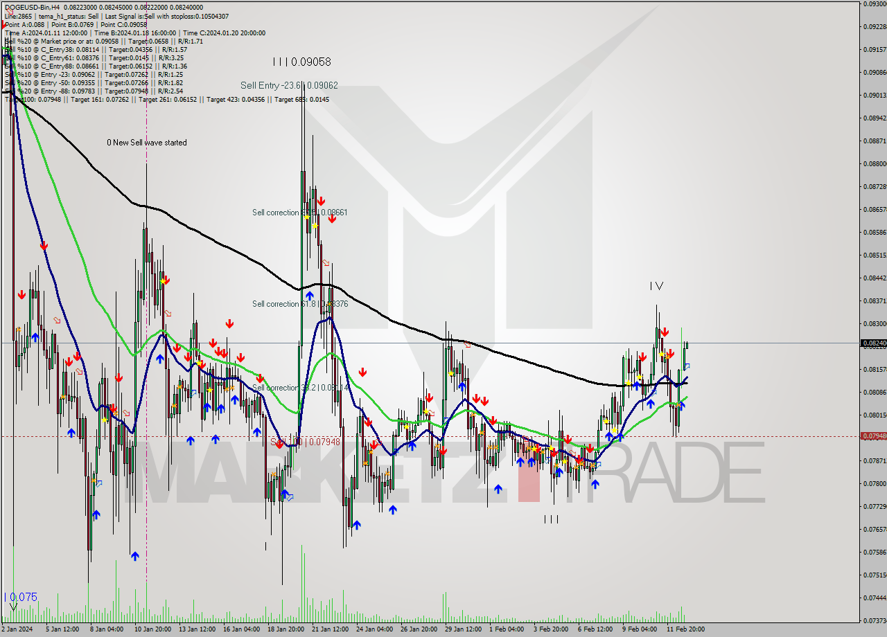 DOGEUSD-Bin MultiTimeframe analysis at date 2024.02.13 02:08