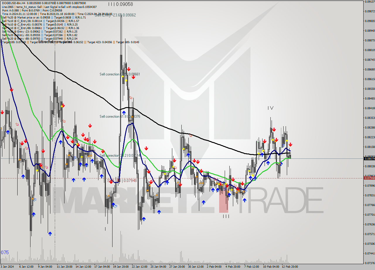 DOGEUSD-Bin MultiTimeframe analysis at date 2024.02.14 02:11