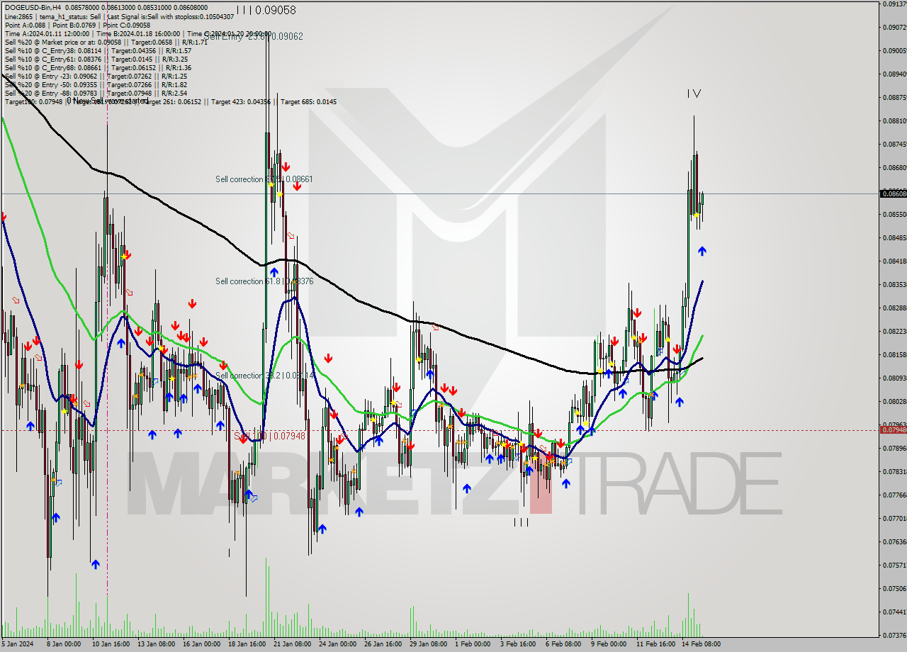 DOGEUSD-Bin MultiTimeframe analysis at date 2024.02.15 14:26