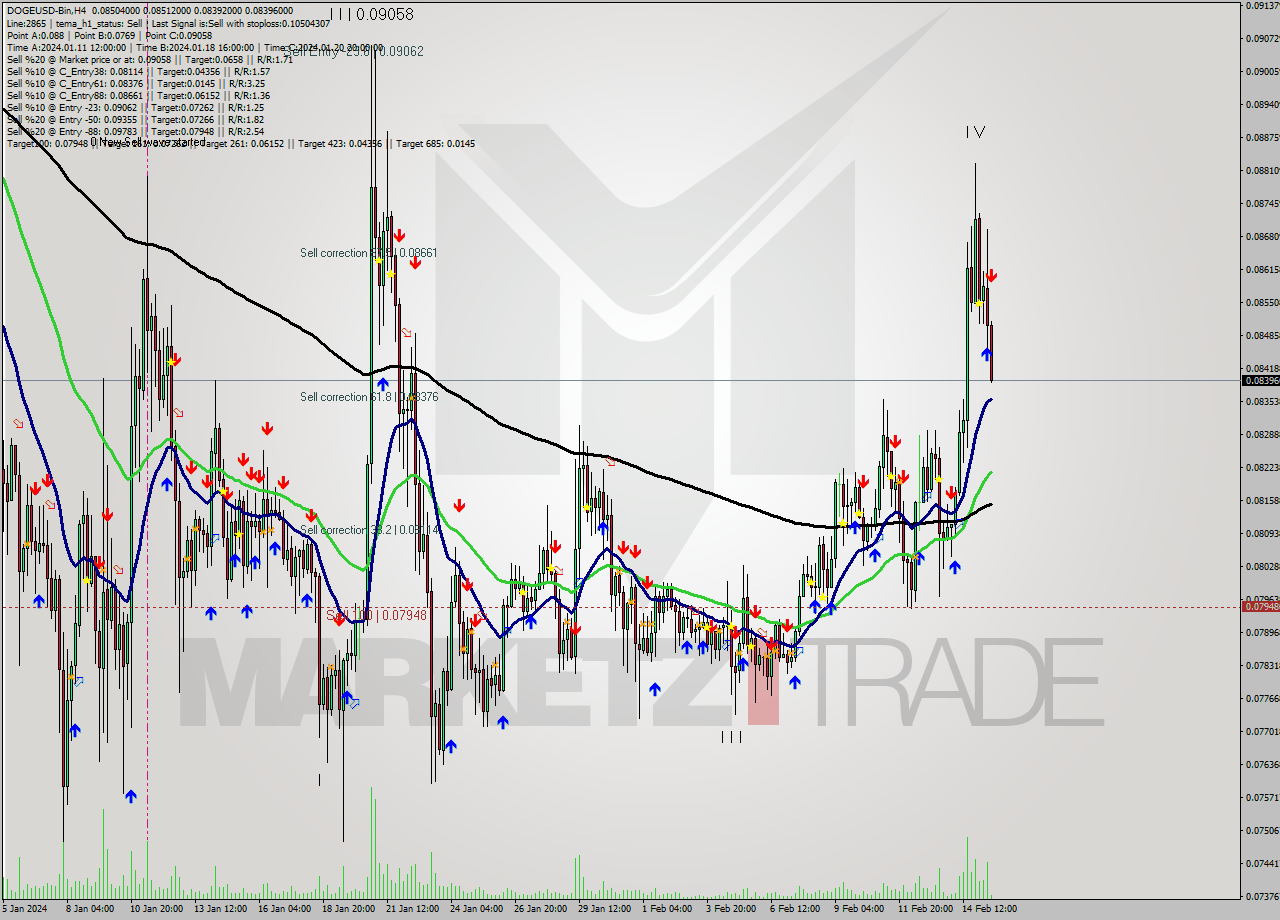 DOGEUSD-Bin MultiTimeframe analysis at date 2024.02.15 18:14