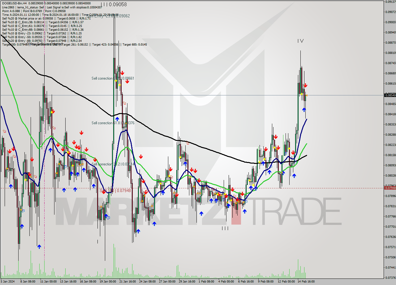 DOGEUSD-Bin MultiTimeframe analysis at date 2024.02.15 22:00