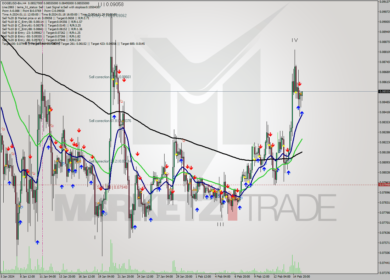 DOGEUSD-Bin MultiTimeframe analysis at date 2024.02.16 02:54