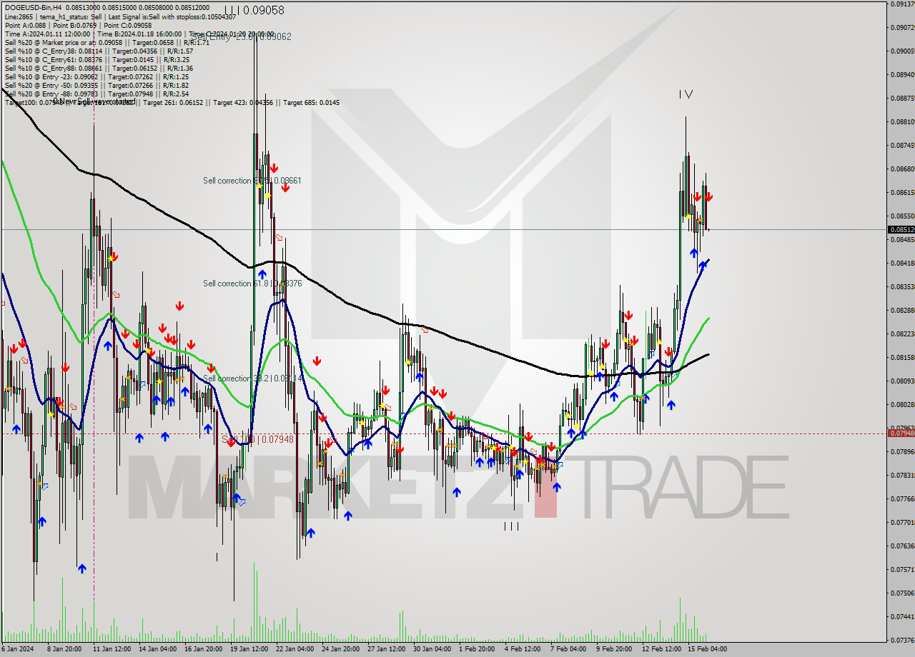DOGEUSD-Bin MultiTimeframe analysis at date 2024.02.16 10:00