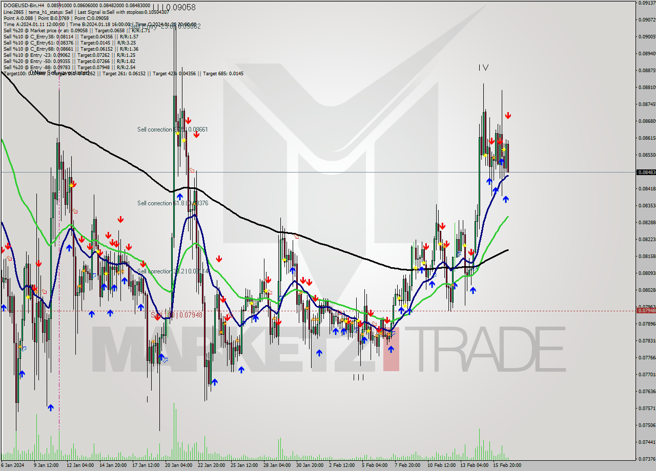 DOGEUSD-Bin MultiTimeframe analysis at date 2024.02.17 03:49