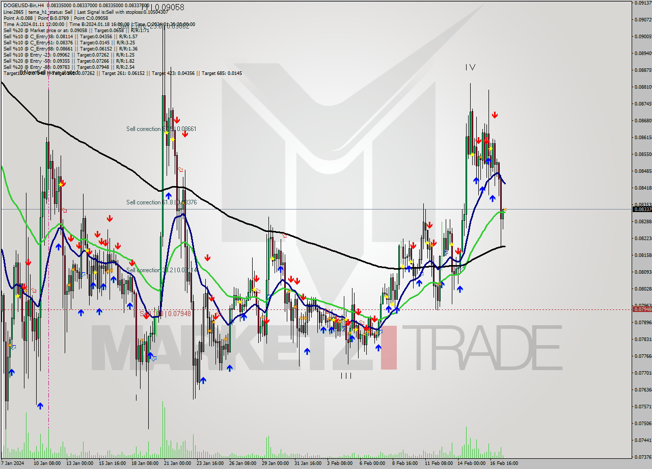 DOGEUSD-Bin MultiTimeframe analysis at date 2024.02.17 22:01