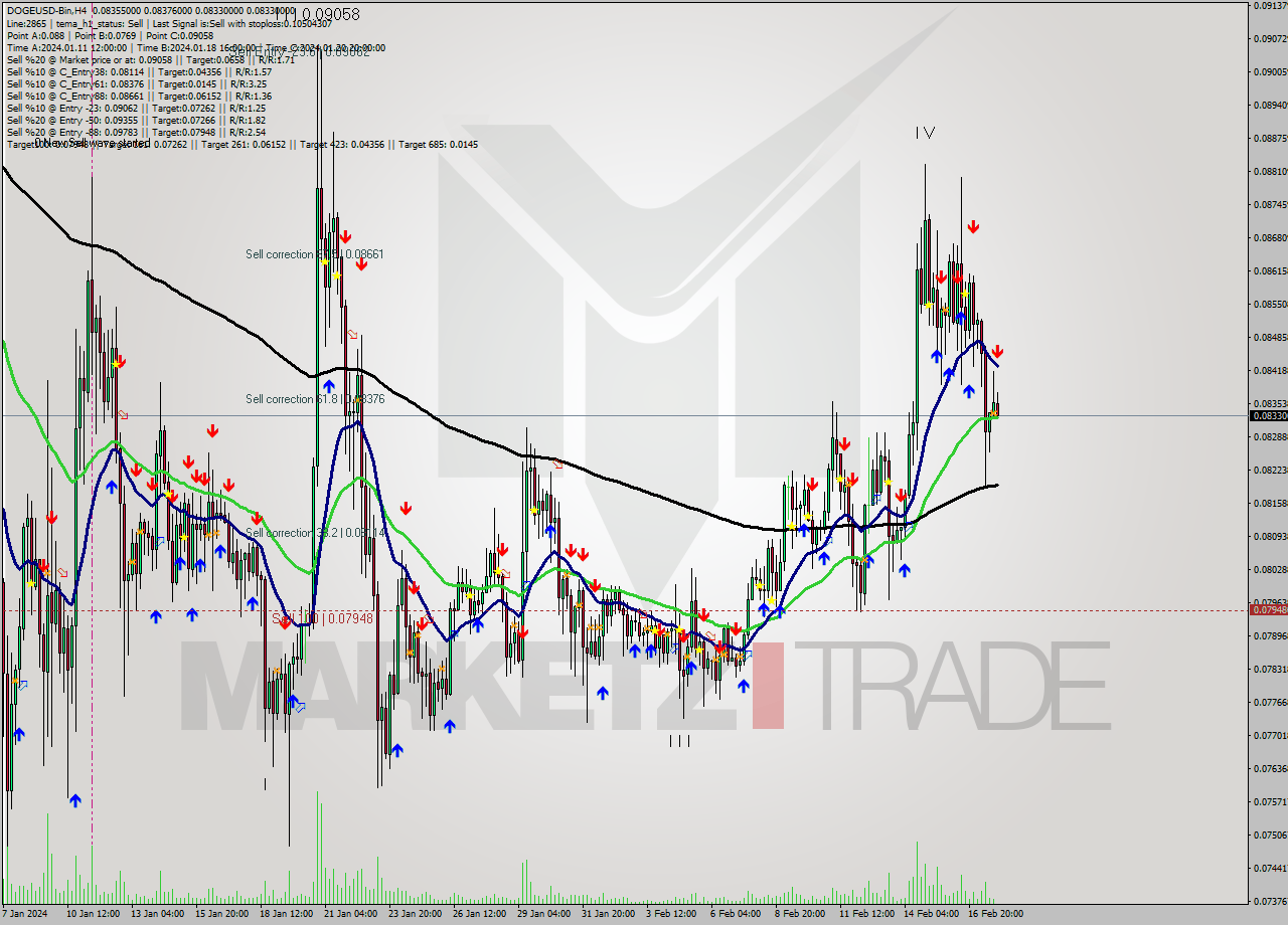 DOGEUSD-Bin MultiTimeframe analysis at date 2024.02.18 02:36