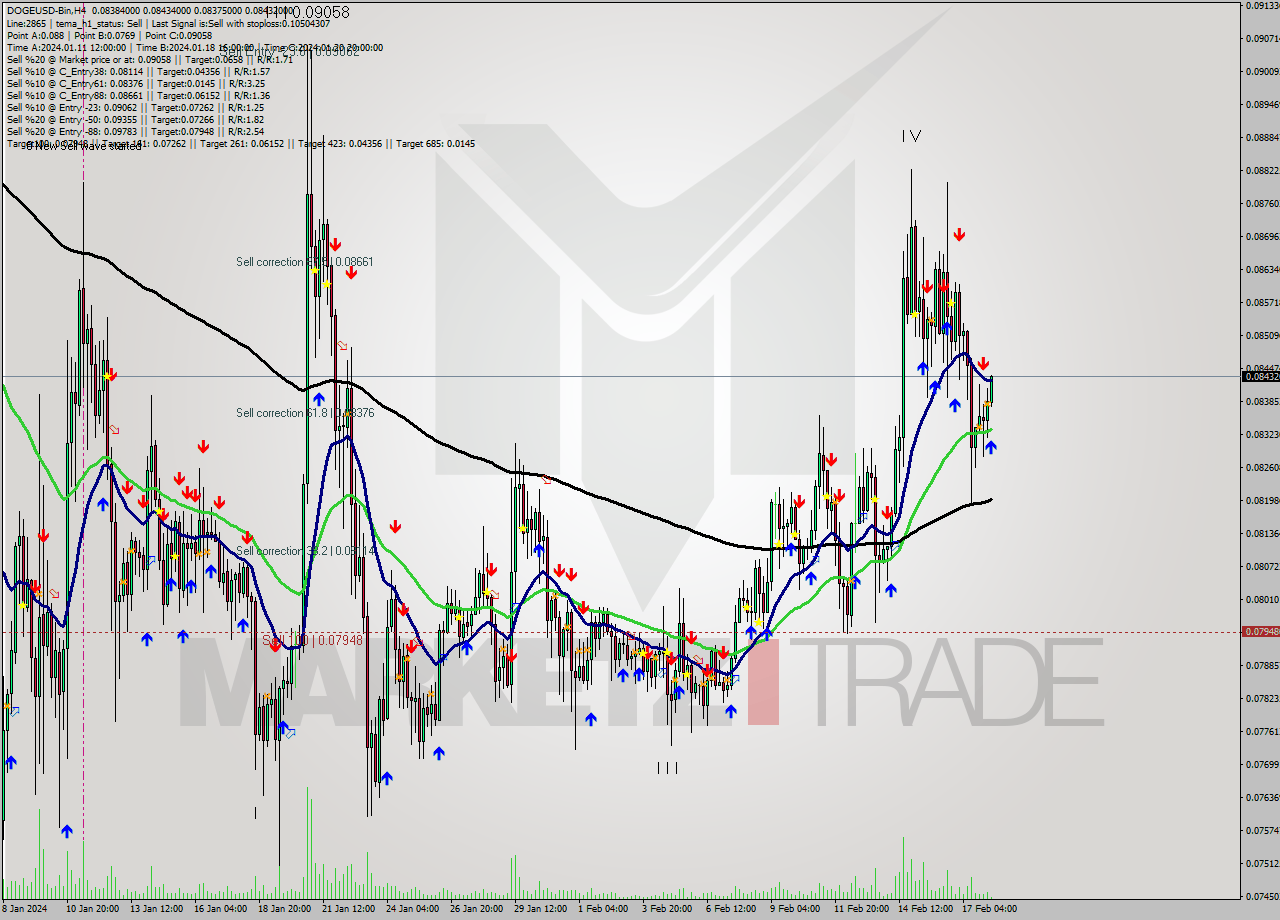 DOGEUSD-Bin MultiTimeframe analysis at date 2024.02.18 11:23