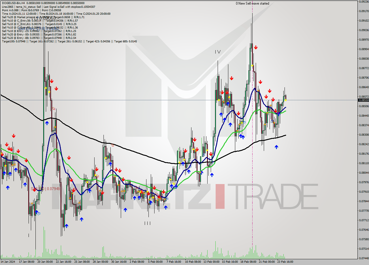 DOGEUSD-Bin MultiTimeframe analysis at date 2024.02.24 22:07