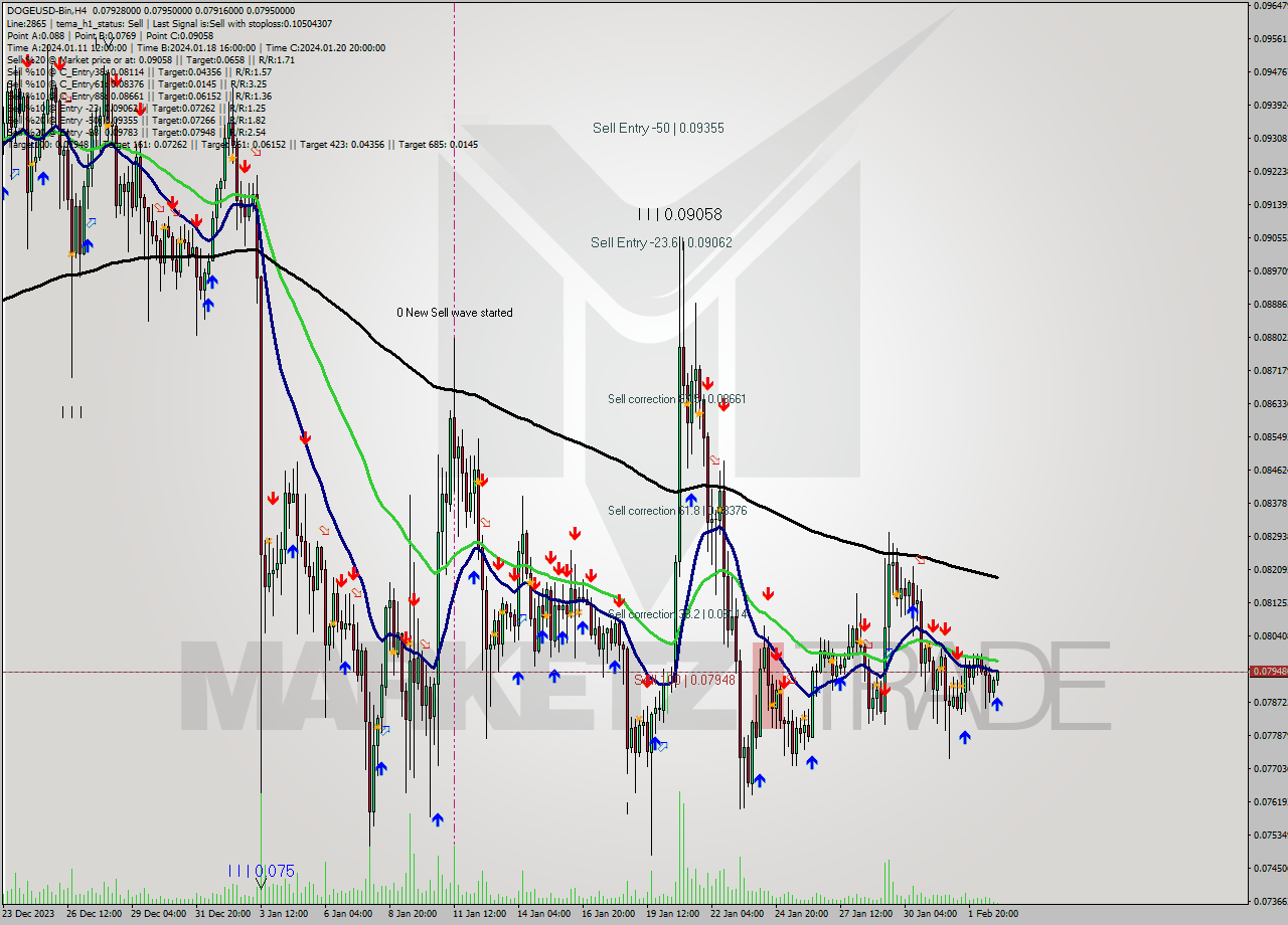 DOGEUSD-Bin MultiTimeframe analysis at date 2024.02.03 03:24