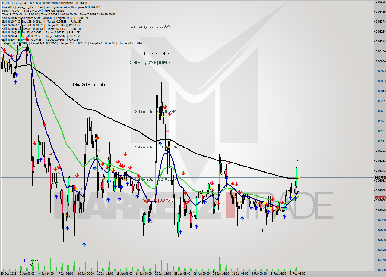 DOGEUSD-Bin MultiTimeframe analysis at date 2024.02.09 16:21