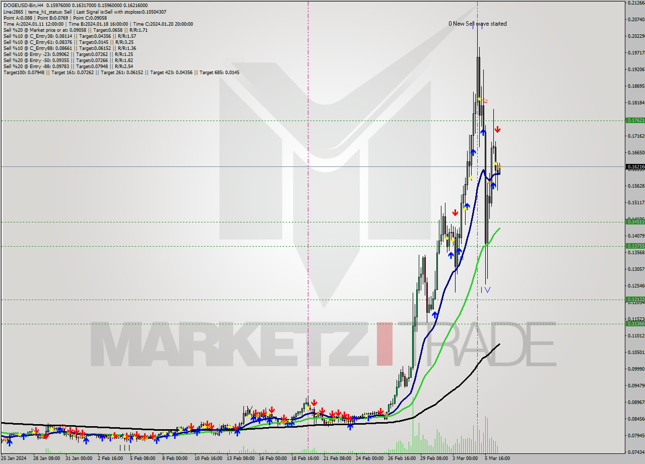 DOGEUSD-Bin MultiTimeframe analysis at date 2024.03.06 22:08