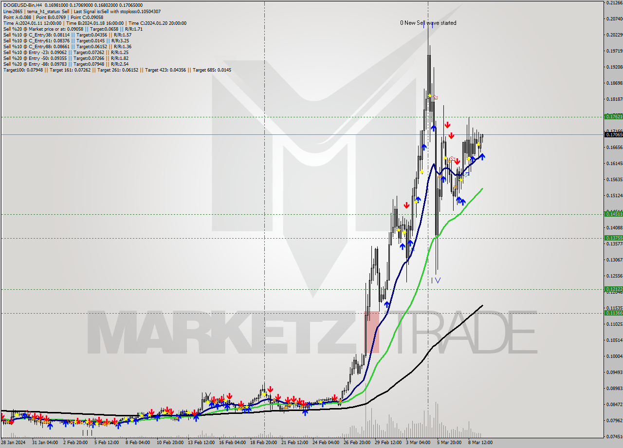 DOGEUSD-Bin MultiTimeframe analysis at date 2024.03.09 18:16