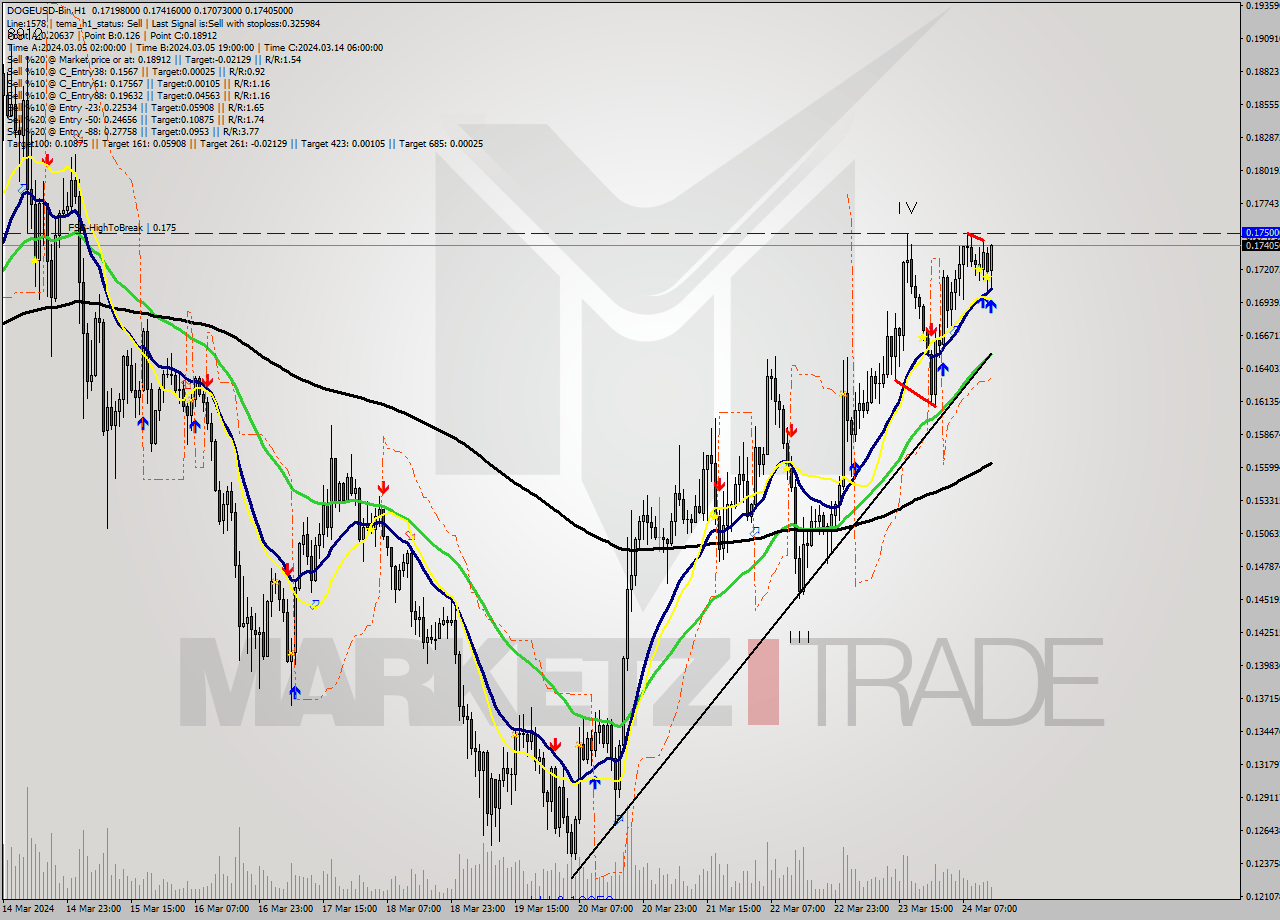 DOGEUSD-Bin MultiTimeframe analysis at date 2024.03.24 16:50