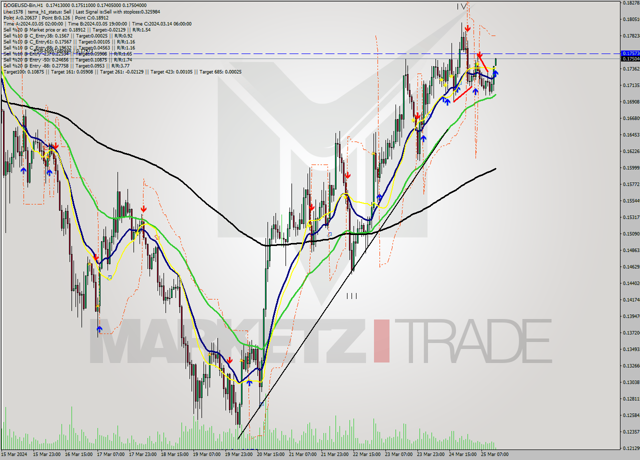 DOGEUSD-Bin MultiTimeframe analysis at date 2024.03.25 16:01