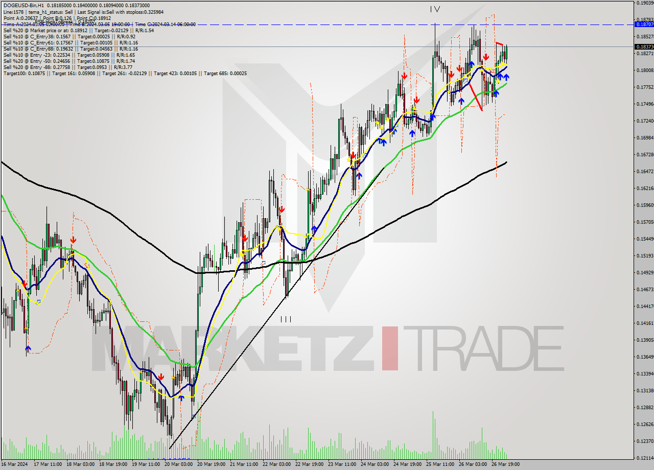 DOGEUSD-Bin MultiTimeframe analysis at date 2024.03.27 04:50