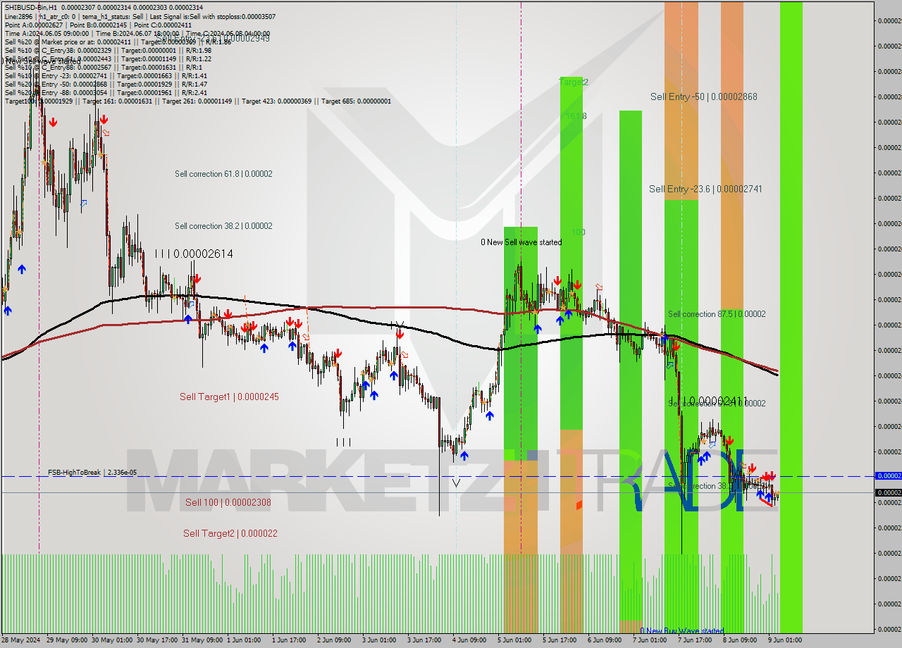SHIBUSD-Bin MultiTimeframe analysis at date 2024.06.09 07:36