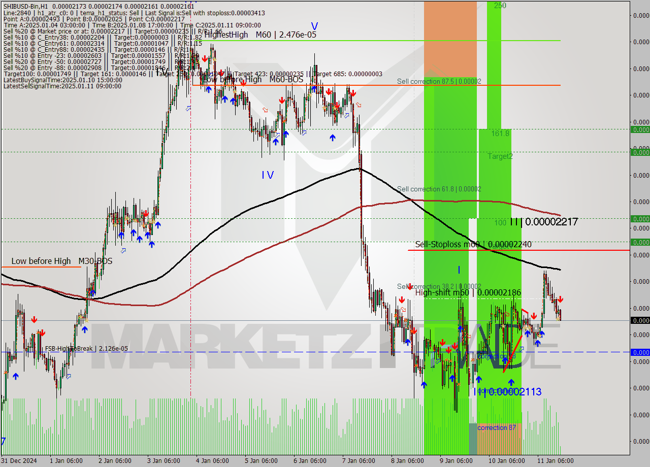 SHIBUSD-Bin MultiTimeframe analysis at date 2025.01.11 19:12