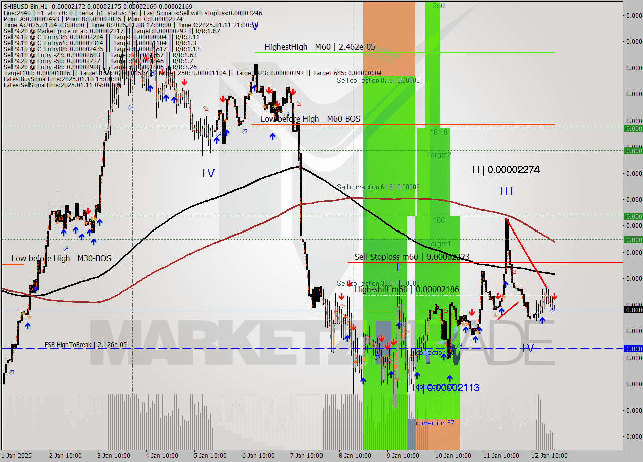 SHIBUSD-Bin MultiTimeframe analysis at date 2025.01.12 23:02