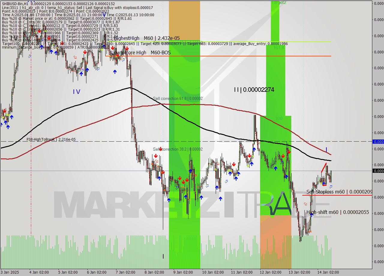 SHIBUSD-Bin MultiTimeframe analysis at date 2025.01.14 15:30