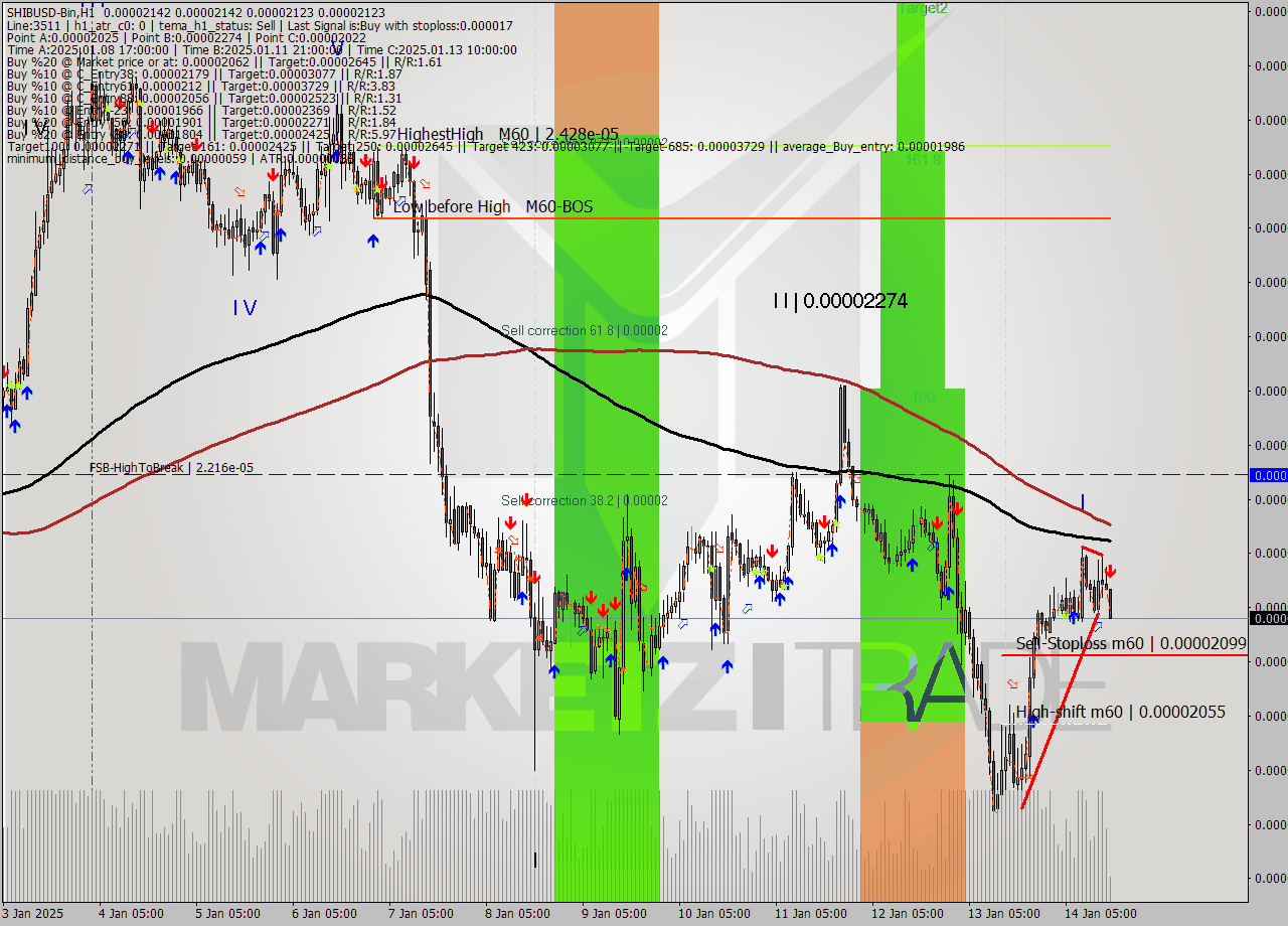 SHIBUSD-Bin MultiTimeframe analysis at date 2025.01.14 18:03