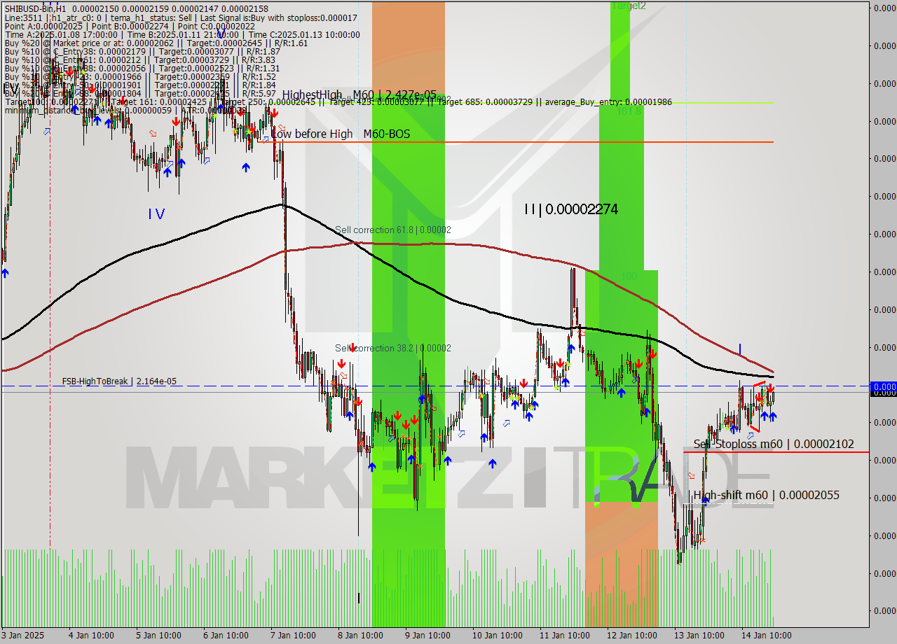 SHIBUSD-Bin MultiTimeframe analysis at date 2025.01.14 23:04