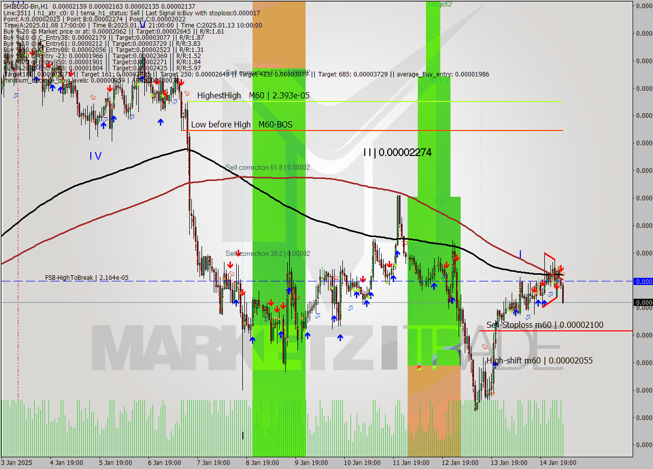 SHIBUSD-Bin MultiTimeframe analysis at date 2025.01.15 08:17