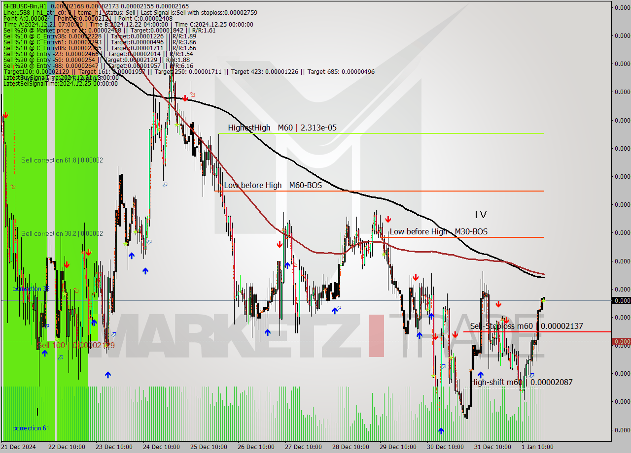 SHIBUSD-Bin MultiTimeframe analysis at date 2025.01.01 23:58