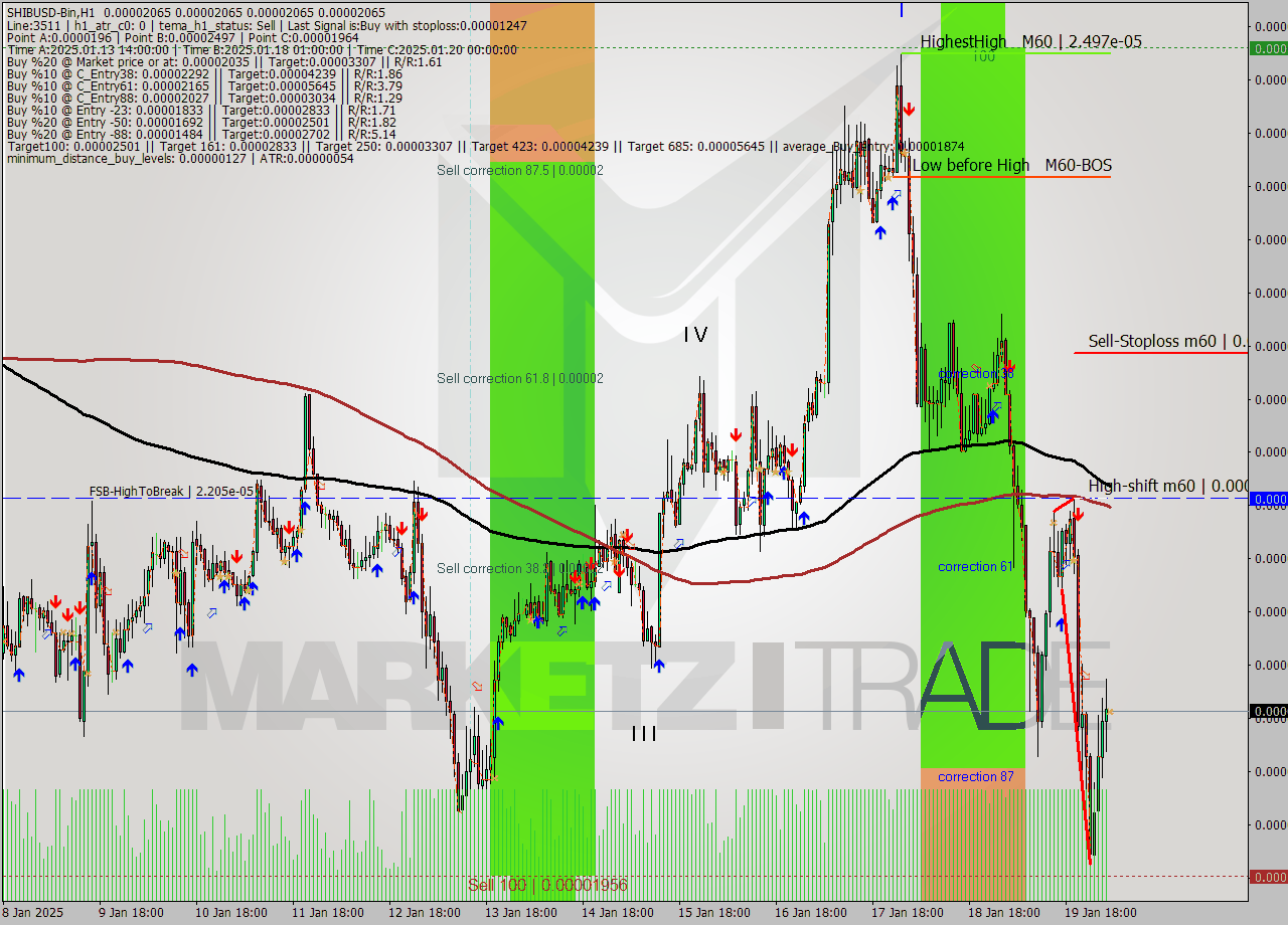 SHIBUSD-Bin MultiTimeframe analysis at date 2025.01.20 07:00