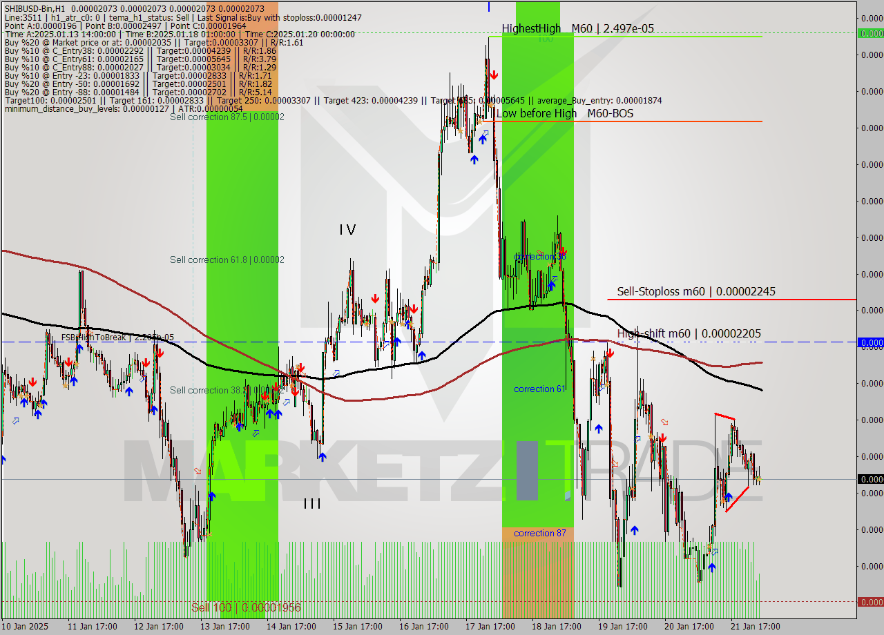 SHIBUSD-Bin MultiTimeframe analysis at date 2025.01.22 06:00