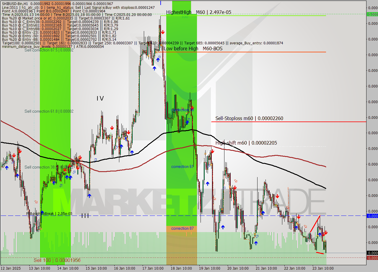 SHIBUSD-Bin MultiTimeframe analysis at date 2025.01.23 23:15