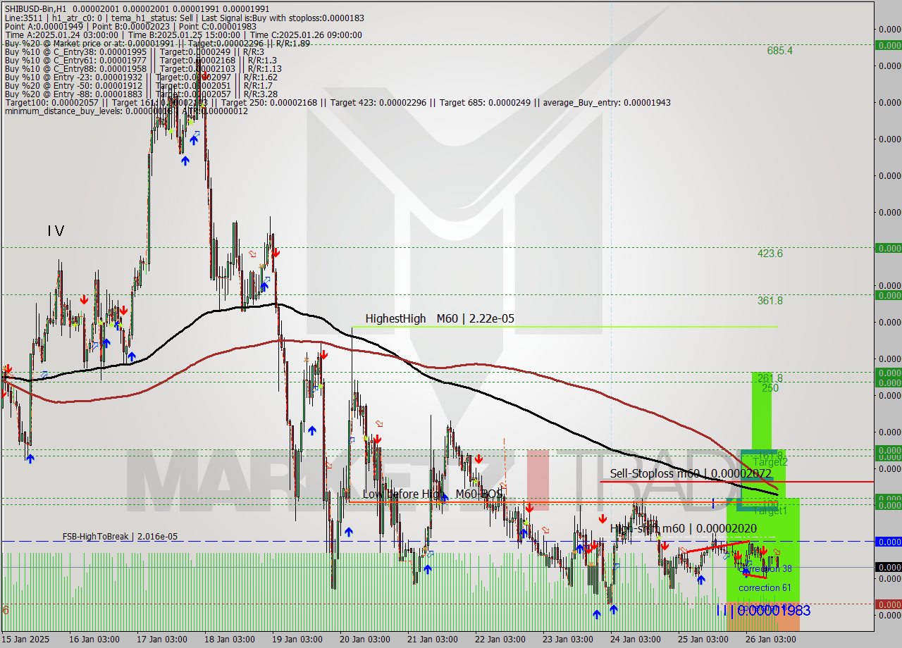 SHIBUSD-Bin MultiTimeframe analysis at date 2025.01.26 16:21