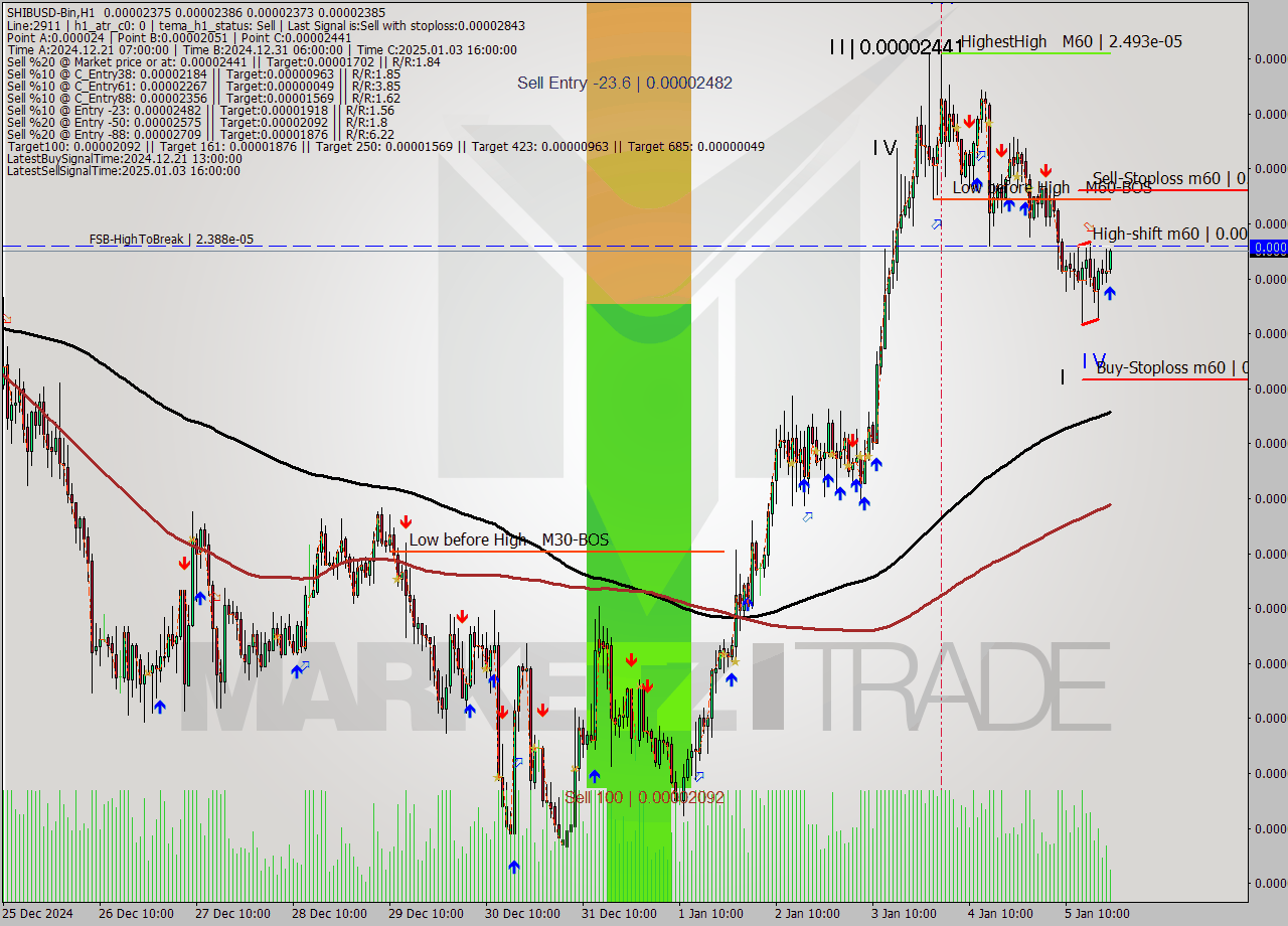 SHIBUSD-Bin MultiTimeframe analysis at date 2025.01.05 23:39