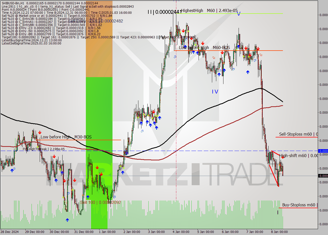SHIBUSD-Bin MultiTimeframe analysis at date 2025.01.08 13:34