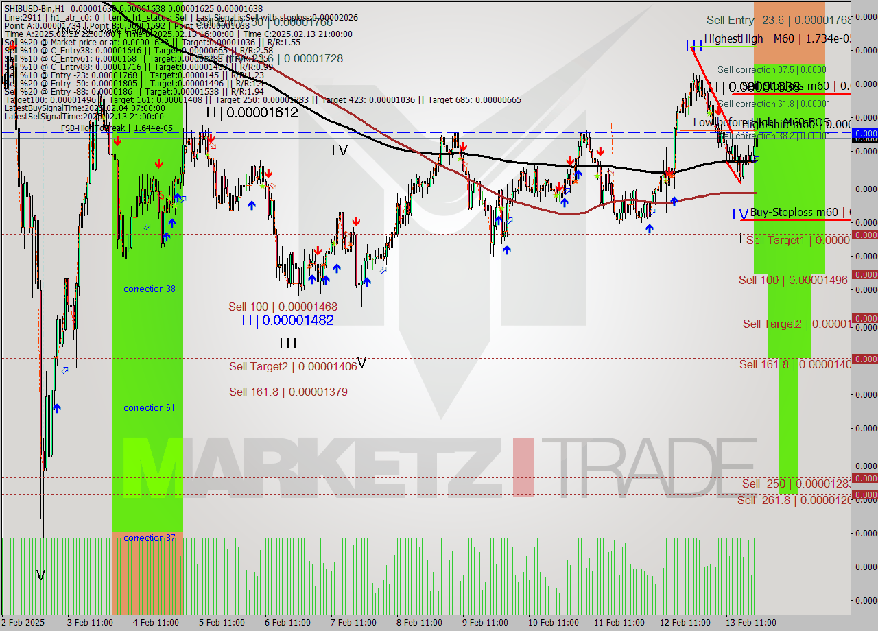SHIBUSD-Bin MultiTimeframe analysis at date 2025.02.14 00:10