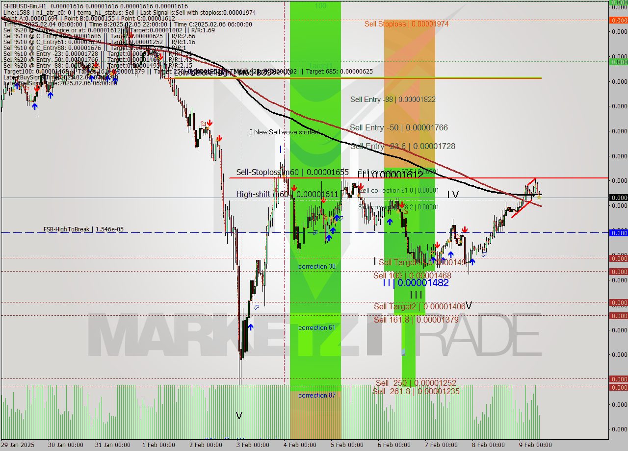 SHIBUSD-Bin MultiTimeframe analysis at date 2025.02.09 13:00