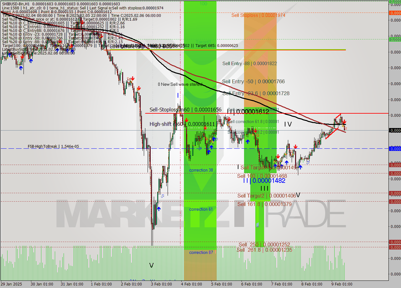 SHIBUSD-Bin MultiTimeframe analysis at date 2025.02.09 14:00